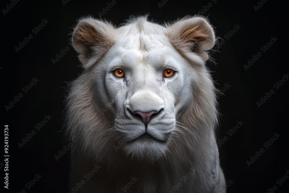 Portrait of a rare white albino lion looking very strong on a black background. Portrait of a rare white albino lion looking very strong on a black background.