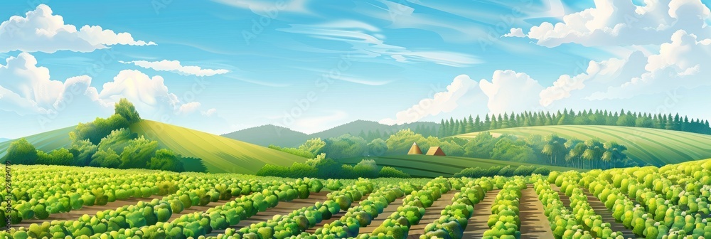 Fototapeta premium Agricultural landscape featuring plants under a clear blue sky, showcasing tranquility and the idea of sustainable growth.