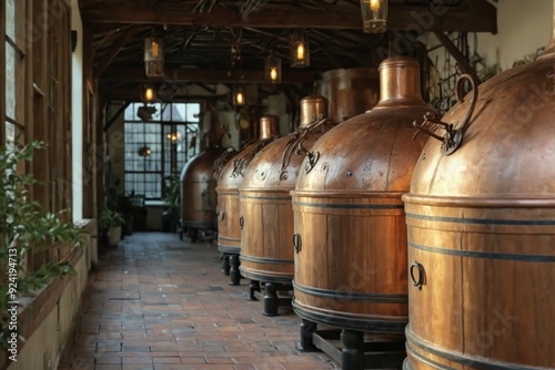 Row large copper pots tanks distillery distillery are Warmly lit