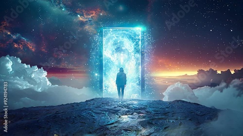 Personal walking through mystical door in space at night with clouds and starry sky, concept of progress and new beginning with spiritual or religous purpose