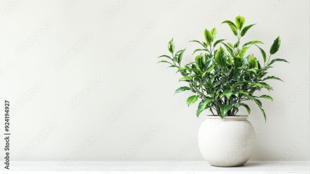 Potted plant white surface against plain wall has Green plant Potted plant white surface against plain wall has Green plant