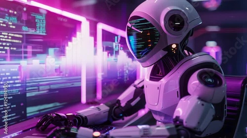 Robot powered by artificial intelligence working behind computer monitor, data and statistics machine learning concept 
