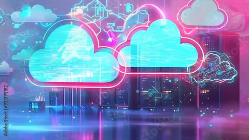 Cloud computing data center, digital backgorund with neon clouds, concept of artificial intelligence and advanced technology