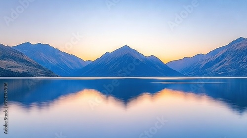  A serene lake with majestic mountains looming behind it, bathed in the golden light of sunset, dotted with fluffy clouds above