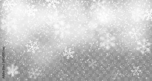 Realistic fall of snow flakes, Christmas winter snowflakes overlay background. Vector xmas or New Year layout template with delicate wintertime crystalline ice formations descending from the sky