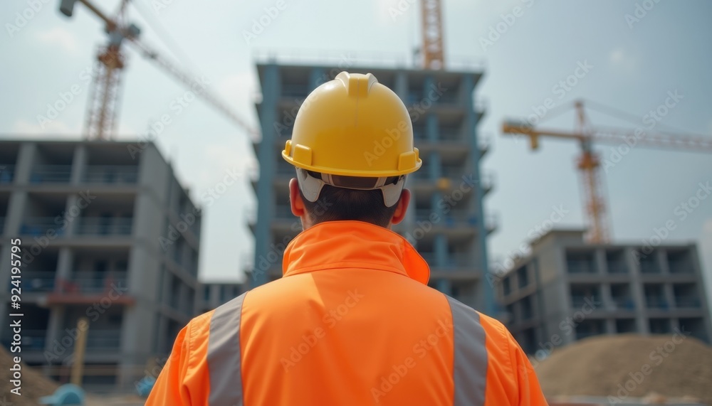 Construction worker in a reflective jacket and hard hat observes a building site with cranes. Construction worker in a reflective jacket and hard hat observes a building site with cranes.