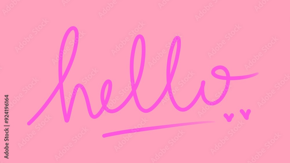 Hello handwritten inscription. One line drawing of phrase hand writing calligraphy card lettering isolated on pink background Hello handwritten inscription. One line drawing of phrase hand writing calligraphy card lettering isolated on pink background