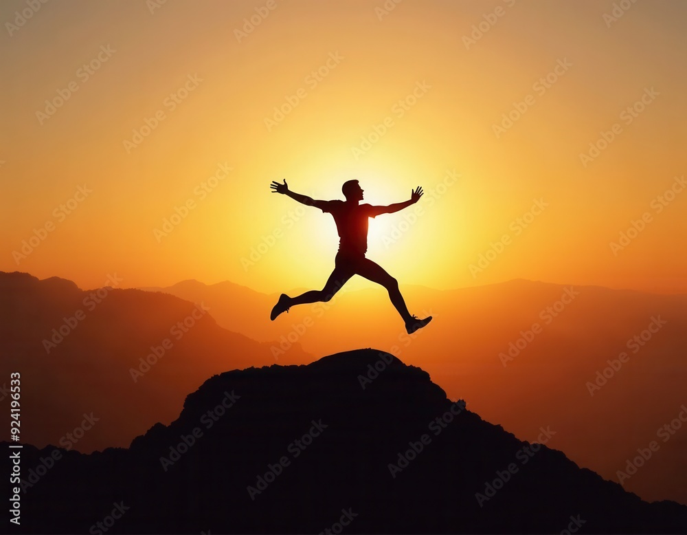 Silhouette of a person leaping between rocks at sunset with mountains in the background. Silhouette of a person leaping between rocks at sunset with mountains in the background.