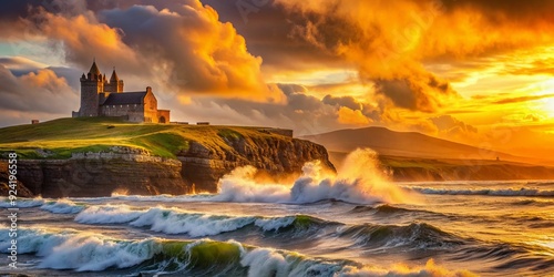 Majestic Classiebawn Castle stands proud amidst a breathtaking Mullaghmore Head landscape, as a fiery sunset casts a golden glow on colossal waves crashing ashore in Co. Sligo, Ireland. photo