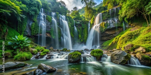 Majestic Grengseng waterfall cascades down lush green rocks in Watumalang, Wonosobo, Central Java, Indonesia, inviting adventurers to explore serene natural beauty.