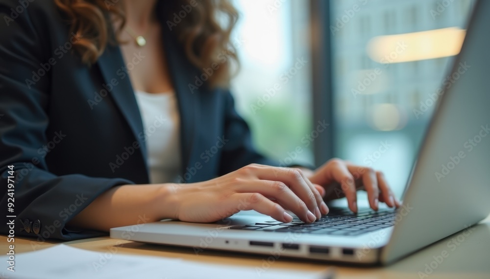 Woman in business attire typing on a laptop in a modern office setting. Woman in business attire typing on a laptop in a modern office setting.