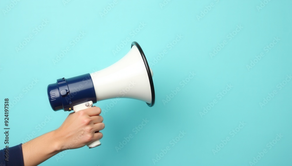 Naklejka premium Person holding a blue and white megaphone against a solid light blue background.