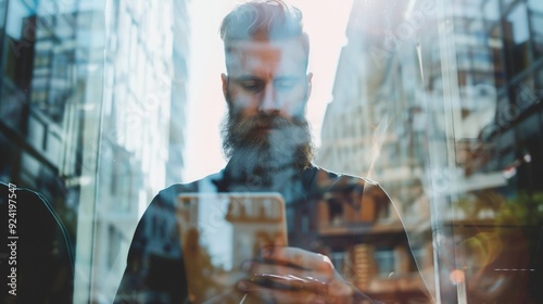Double Exposure of a Young Bearded Banker in Black Shirt Holding a Contemporary Notebook with a Blank Screen Ready for Your Message