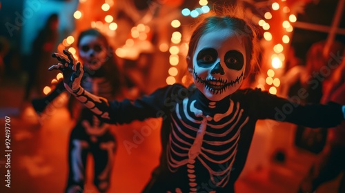 Children in skeleton costumes celebrate Halloween. They dance joyfully under festive lights. The scene captures fun and excitement. Perfect for Halloween events and celebrations. AI photo