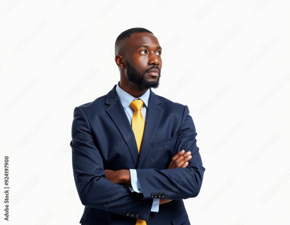 Confident African American man in a suit with arms crossed, looking away thoughtfully. Confident African American man in a suit with arms crossed, looking away thoughtfully.