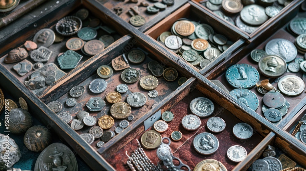 Antique Coin Collection Displayed in Wooden Boxes Antique Coin Collection Displayed in Wooden Boxes