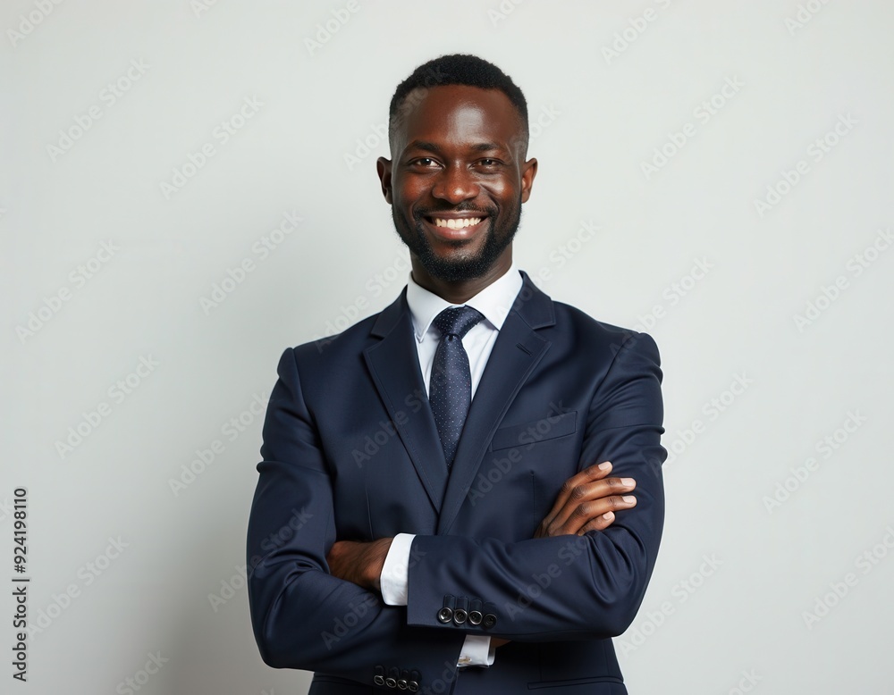 Confident young African man in a dark suit smiling with arms crossed against a plain background. Confident young African man in a dark suit smiling with arms crossed against a plain background.