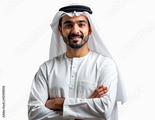 Smiling Middle Eastern man in traditional clothing, standing with arms crossed. photo