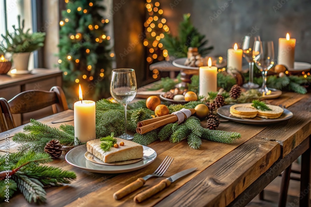 Rustic Christmas table setting features stylish fir branch table runner, candles, cheese appetizers, glasses, and cutlery, evoking a cozy holiday dinner atmosphere. Rustic Christmas table setting features stylish fir branch table runner, candles, cheese appetizers, glasses, and cutlery, evoking a cozy holiday dinner atmosphere.