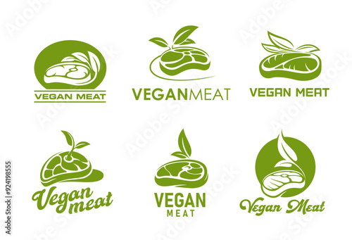 Vegan meat steak icons, vegetable plant protein beef with fresh green leaf vector symbols. Vegetarian food, organic veggie meal, diet nutrition product, vegan restaurant badges with meatless dish