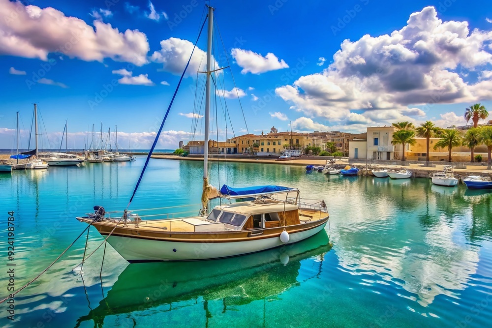 Obraz premium Sailboat docks in picturesque Mediterranean Sea port of Marina di Ragusa, Sicily, Italy, on a sunny June day, showcasing tranquil marine lifestyle.