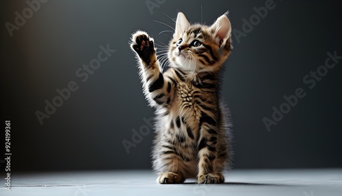 The cute cat stretches its paws towards the sky in the sun, showing its lively side. photo