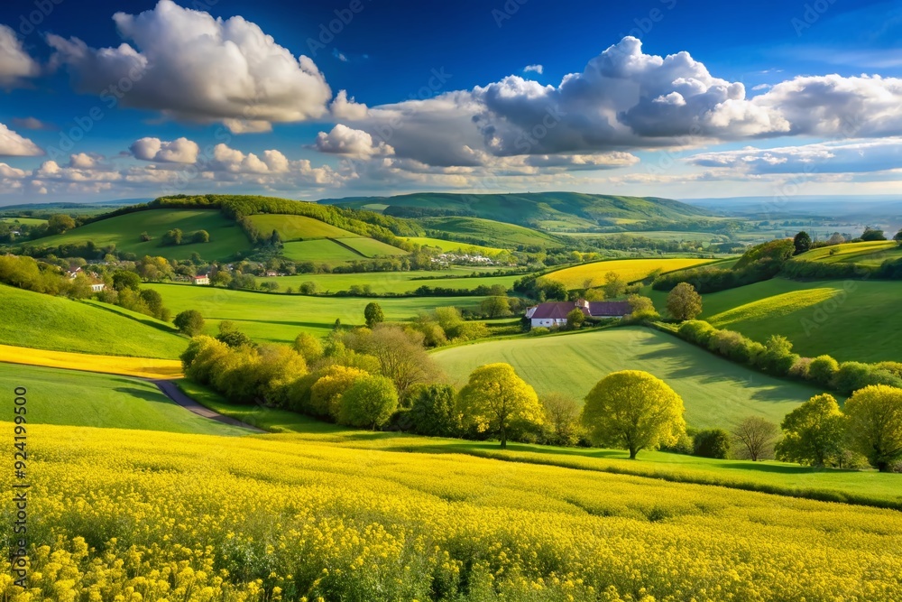 Serene rural landscape of Avon Valley on Wiltshire Somerset border, England, featuring lush green fields dotted with bright yellow buttercup flowers beneath a vibrant blue sky. Serene rural landscape of Avon Valley on Wiltshire Somerset border, England, featuring lush green fields dotted with bright yellow buttercup flowers beneath a vibrant blue sky.