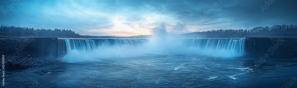 Panoramic view of powerful waterfalls cascading into a misty, turbulent river.
