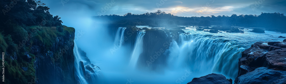 Panoramic view of powerful waterfalls cascading into a misty, turbulent river.
Panoramic view of powerful waterfalls cascading into a misty, turbulent river.