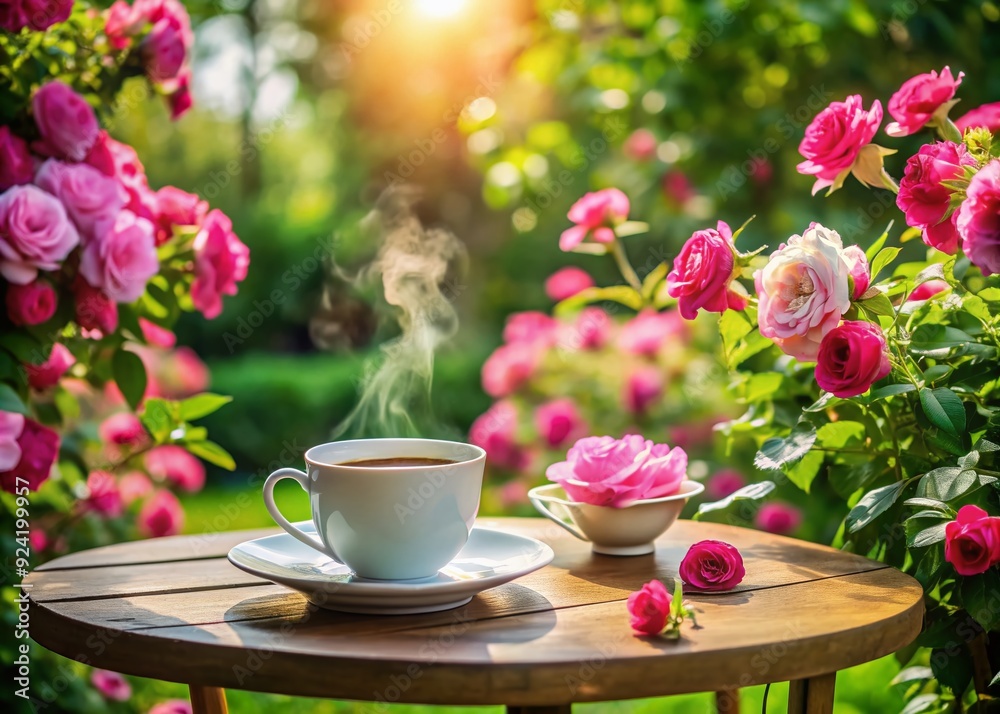 Serenity abounds in a lush summer garden with a steaming cup of herbal tea on a white table, surrounded by vibrant pink roses in full bloom.