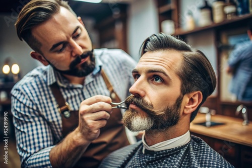 Skilled hairstylist carefully crafts a stylish mustache, using scissors and comb, on a relaxed male customer, focusing on precise details in a modern barber shop. photo