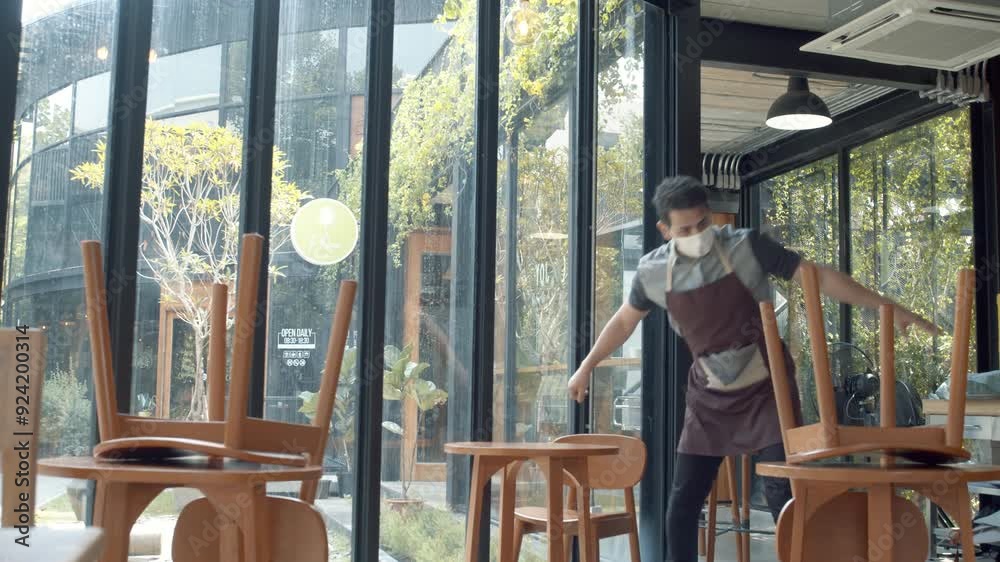 Barista or coffeeshop owner setting table before open the coffee shop. Barista or coffeeshop owner setting table before open the coffee shop.