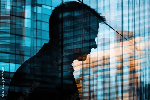 A businessman looking at his reflection in a building s glass wall close up, focus on, copy space Vivid reflection with urban lines Double exposure silhouette with glass building photo