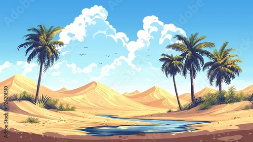  A desert scene painting featuring palm trees, a water stream, blue sky, and cloudy background