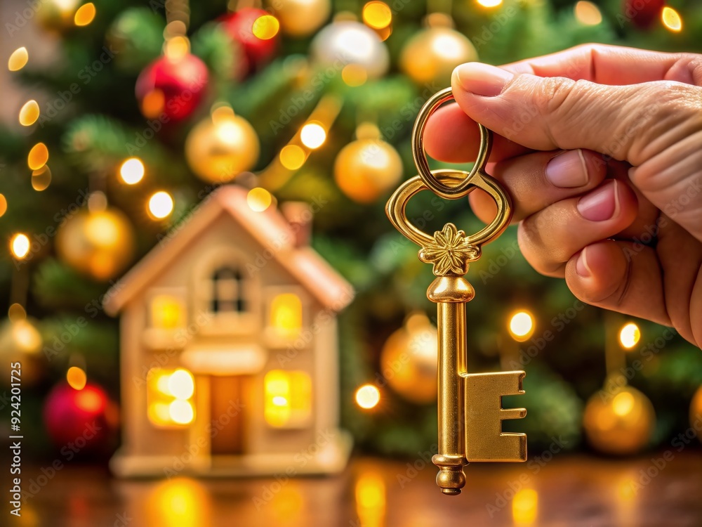 golden house-shaped key with ornate keychain rests on a hand, set against a vibrant Christmas tree backdrop, symbolizing new home ownership and celebration.