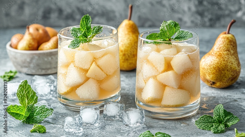 Two glasses filled with ice and pears next to a bowl of pears and a pear bowl Two glasses filled with ice and pears next to a bowl of pears and a pear bowl