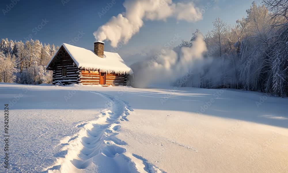 snowy winter scene with cozy log cabin and tree