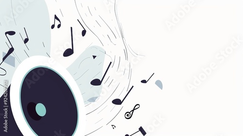 a minimalist flat 2D vector style speaker on the left side of a widescreen canvas, with a few simple geometric music notes emerging from it and floating across to the right, generative ai