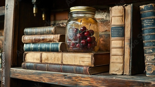   A jar of cherries sits atop a wooden bookshelf alongside a mound of books