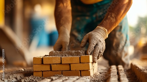 A skilled brickmason expertly laying bricks in a construction site, showcasing precision and craftsmanship photo