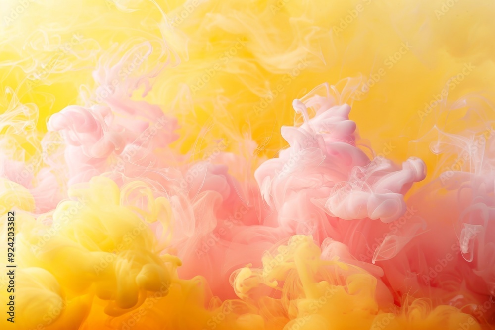 Fototapeta premium abstract colorful ink or smoke swirling in water, creating dynamic, flowing shapes, bright pink, yellow, and red hues contrasted against a deep blue black background