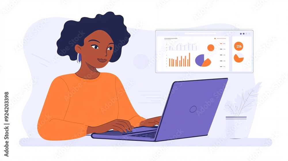 A business analyst reviewing data charts on a laptop, with a light solid color background A business analyst reviewing data charts on a laptop, with a light solid color background
