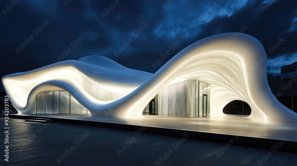 Abstract architectural form with flowing lines and organic shapes illuminated at night Abstract architectural form with flowing lines and organic shapes illuminated at night