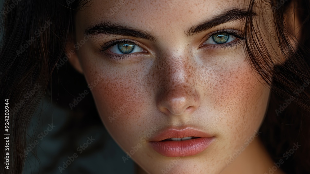 Fototapeta premium Close-up of a young woman’s face with striking green eyes, freckles, and natural makeup, set against a soft, blurred background