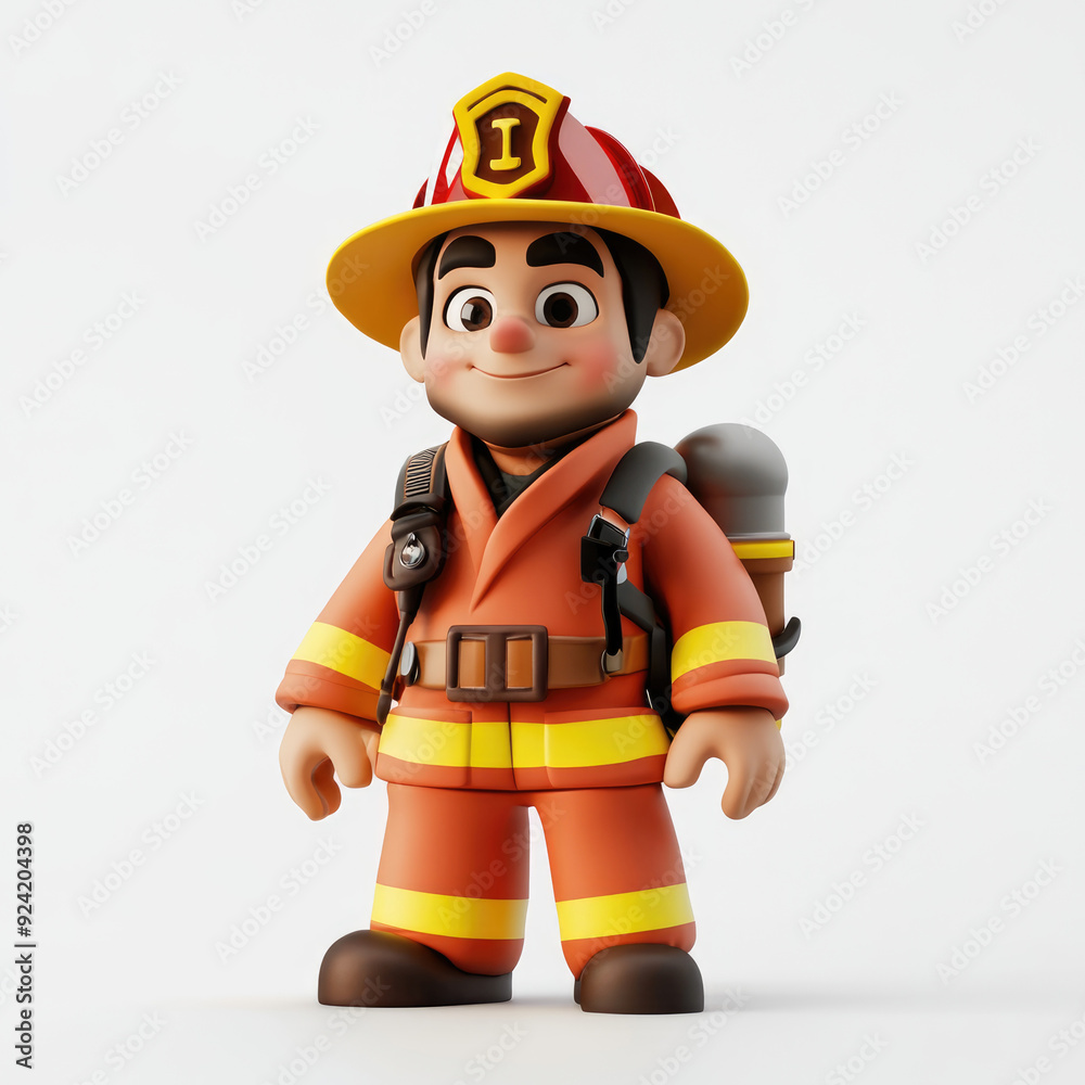 3D cartoon, a male firefighter uniform profession. on a solid white background