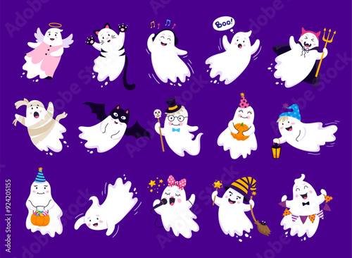 Funny cartoon Halloween kawaii ghosts and holiday horror night characters, isolated vector. Cute boo ghost in witch cat with pumpkin, baby poltergeist singing or mummy costume for trick or treat party