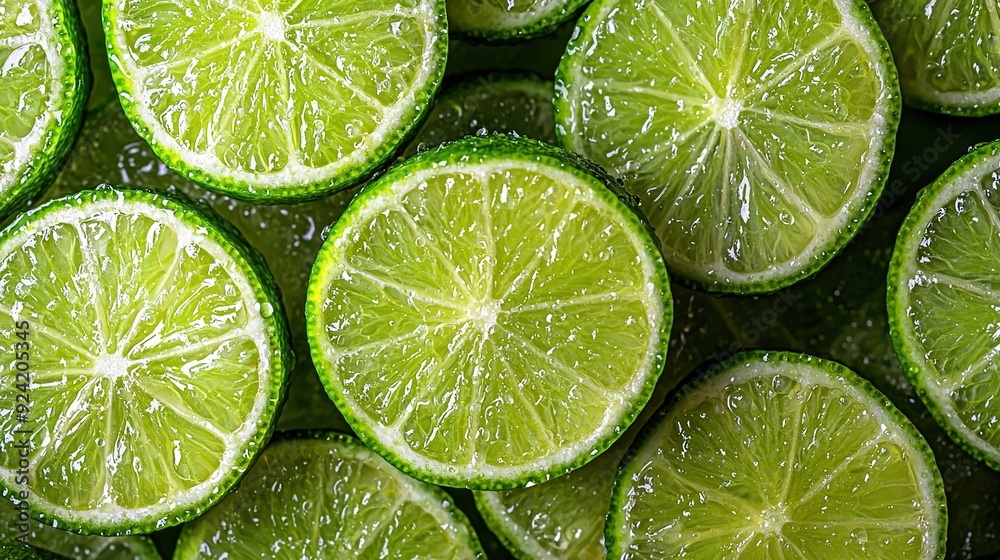 A cluster of limes arranged atop a water-streaked tabletop A cluster of limes arranged atop a water-streaked tabletop