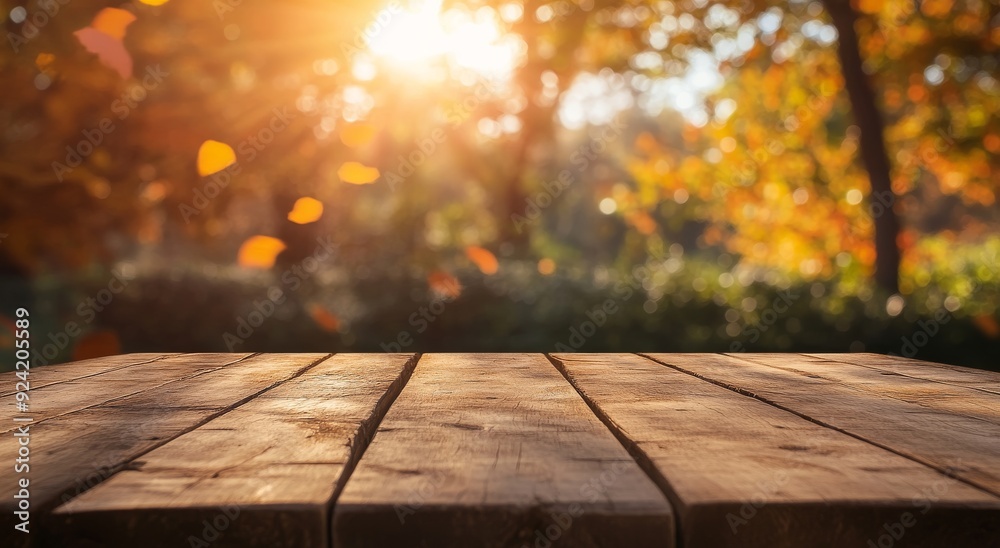 Empty wooden table top with a blurred autumn background for product display