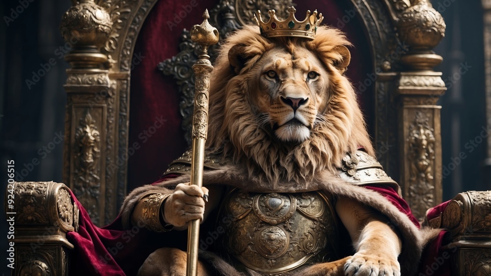 Regal lion holding scepter and wearing crown Regal lion holding scepter and wearing crown