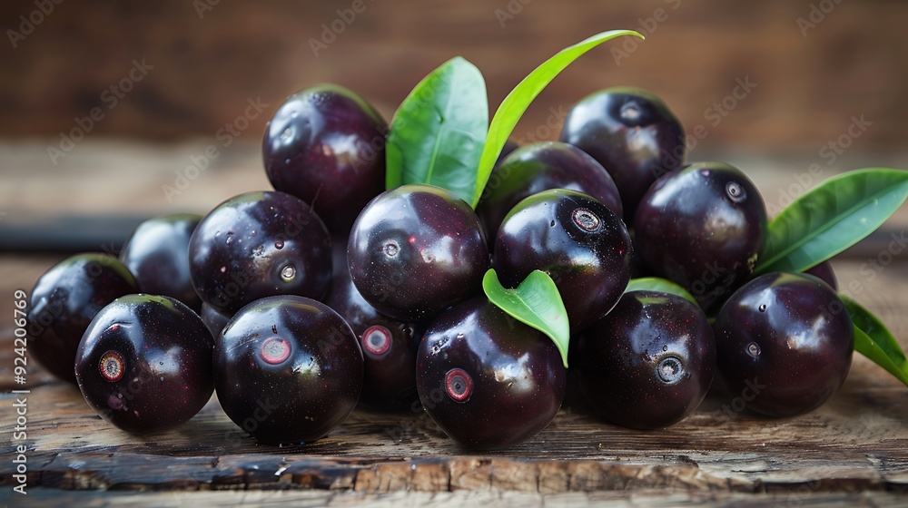 Deep purple jaboticaba fruits with a glossy texture are arranged in a small pile on a rustic wooden surface with a touch of fresh green leaves for a natural and vibrant fruit display Deep purple jaboticaba fruits with a glossy texture are arranged in a small pile on a rustic wooden surface with a touch of fresh green leaves for a natural and vibrant fruit display